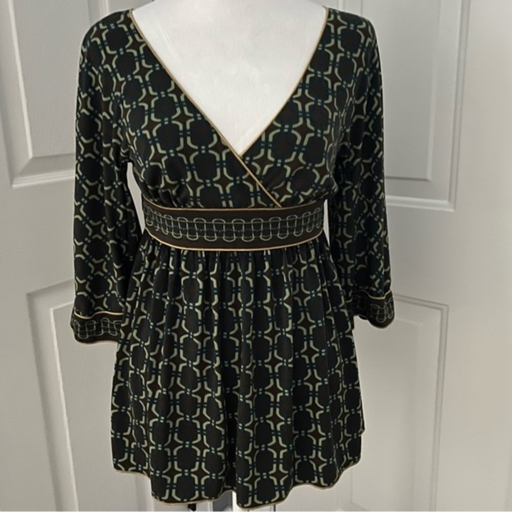 MSSP Max Studio Babydoll Smock Top XS Brown Green Geometric Empire Waist Y2K